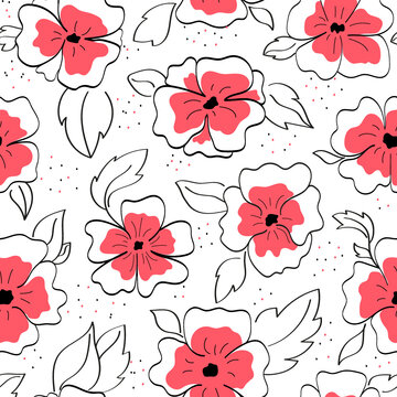 Beautiful floral female seamless pattern. Red and black flowers. Hand-drawn style. Endless background. Pattern for fabric, walpapers, wrapping paper. Flowers and leaves in black colour.