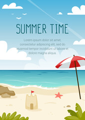 Summer beach vertical banner. Paradise sea coast poster template with text. Summertime vacation advertisement.