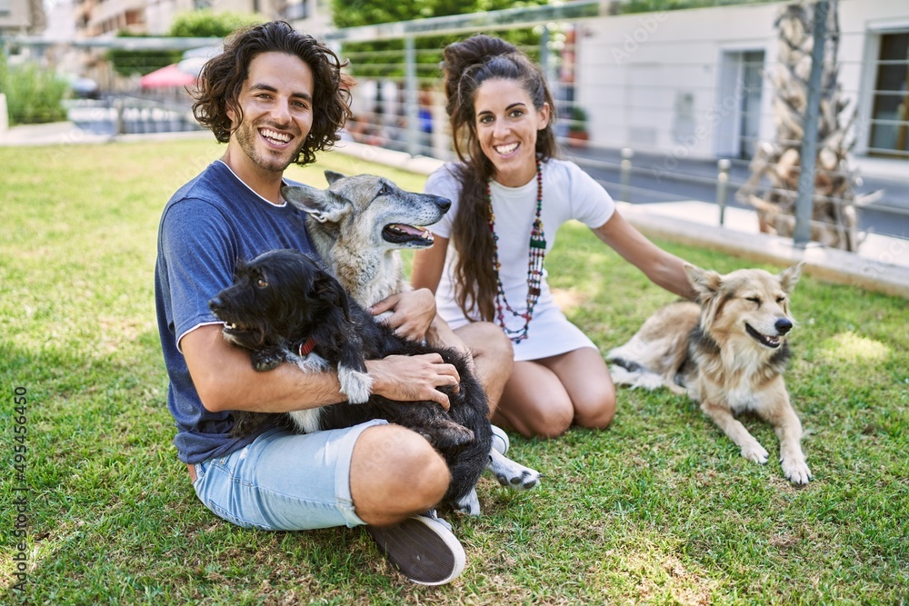 Sticker Man and woman couple smiling confident sitting on herb with dogs at park