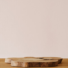 Wooden slice on wooden table and copy space