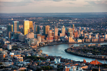 Aerial view at sunset of Canary Wharf London - obrazy, fototapety, plakaty