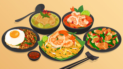 Thai street food restaurant menu illustration vector. 
(Stir fried crispy pork with kale, Pad Kana Moo Krob, Tom Yum Kung, Tom Yum Goong, Pad Kra Pao, Kra Pow Kai, Keang Keaw Wan Kai, Pad Thai) - obrazy, fototapety, plakaty