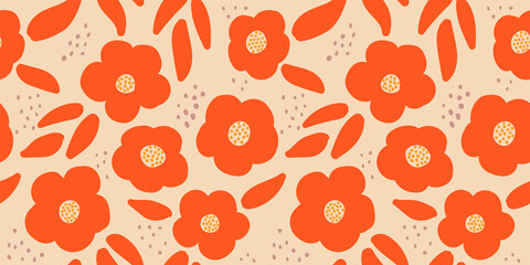 Simple beautiful flower pattern. Silhouettes of flowering plants in orange color on a light background, seamless vector illustration. Floral ornament for textile, fabric, wallpaper, surface design.