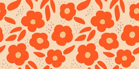 Selbstklebende Fototapete Rot Einfaches schönes Blumenmuster. Silhouetten blühender Pflanzen in oranger Farbe auf hellem Hintergrund, nahtlose Vektorillustration. Blumenschmuck für Textilien, Stoffe, Tapeten, Oberflächendesign.