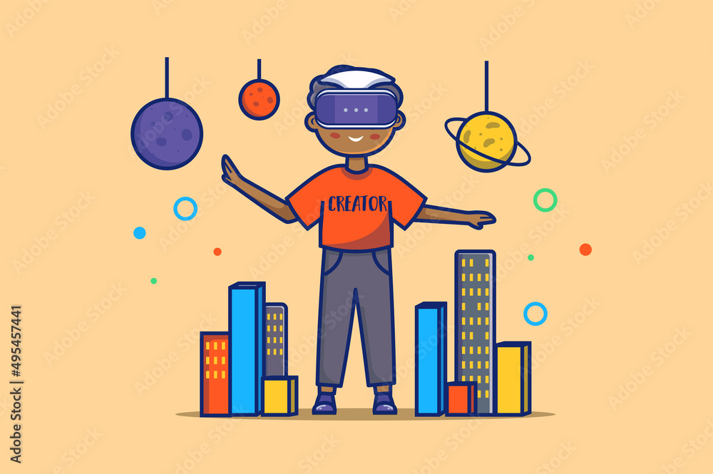 Poster metaverse concept in flat outline design. man wearing vr headset for learning or gaming with virtual