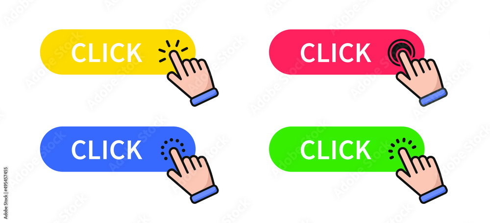 Poster click button set with hand clicking icon. vector illustration