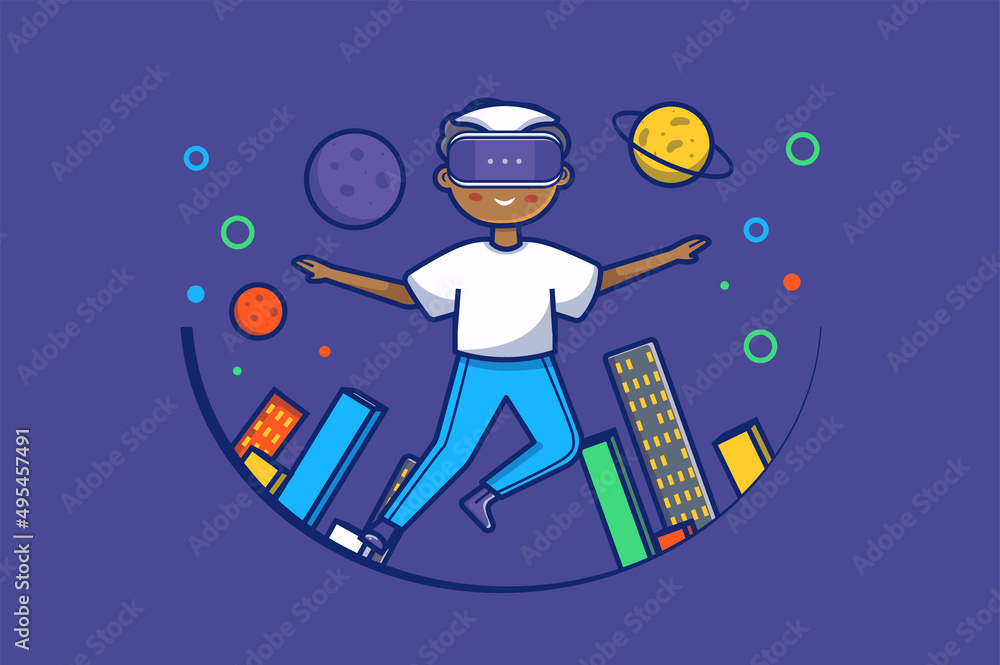 Poster metaverse concept in flat outline design. user in vr headset interacting with virtual simulation wor
