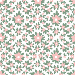 Seamless pattern of doodle style pink flowers. Floral wallpaper design. Romantic fabric design.