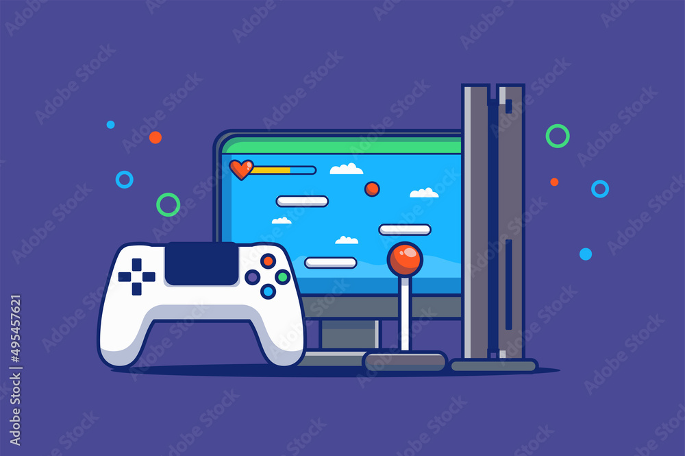 Poster video gaming concept in flat outline design. gamepad near computer with virtual game on screen. joys