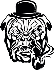 Vector image of a bulldog in a hat with a smoking pipe 