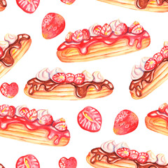 Watercolor seamless pattern. Watercolor sweets pattern. Watercolor eclairs. Food illustration. Chocolate eclairs with strawberries. Watercolor pastry. Design for fabric, packing, gifts, packing