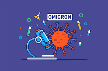 Omicron virus concept in flat outline design. Coronavirus disease outbreak. Huge disease microbe and microscope. Research and development of drugs. Vector illustration with colorful line web scene