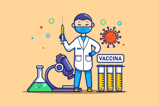 Omicron virus concept in flat outline design. Coronavirus disease outbreak. Doctor in protective mask makes vaccination, huge microscope in laboratory. Vector illustration with colorful line web scene