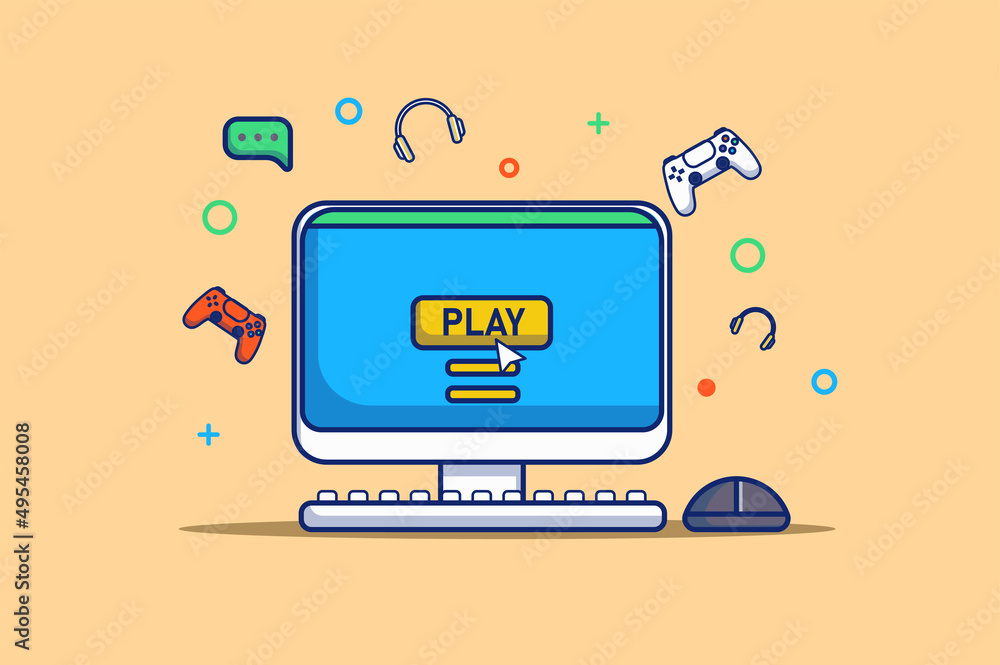 Poster video gaming concept in flat outline design. computer with virtual game on screen and flying gamepad