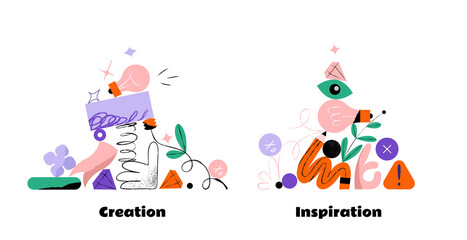 Two modern illustrations, with stacked and balancing figures, graphic design, inspiration, creative skills, problem solving, work tasks. 