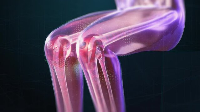 VFX Joint and Knee Pain Virtual Reality Presentation Render. Animated Person Experiencing Discomfort in a Result of Leg Trauma or Arthritis. Schematic Medical Visualization.