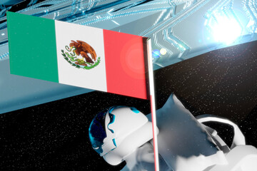 3D rendering of a pioneer woman astronaut who wears a helmet to provide her body with oxygen while proudly carrying the flag of her country Mexico