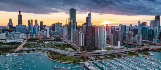 Panoramic Aerial Chicago Illinois at sunset Millennium Park harbor