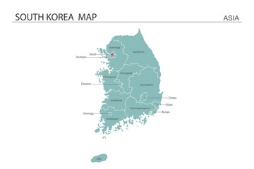 South Korea map vector illustration on white background. Map have all province and mark the capital city of South Korea. - obrazy, fototapety, plakaty