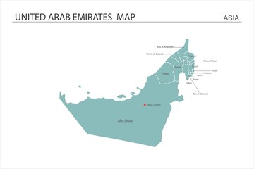 United Arab Emirates map vector illustration on white background. Map have all province and mark the capital city of United Arab Emirates.