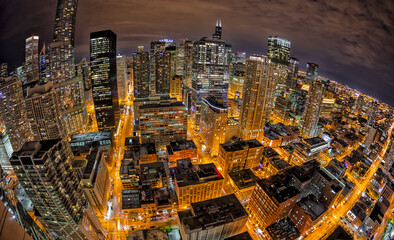 Aerial wide angle night view illuminated Chicago skyline