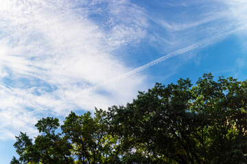 Autumnal clouds and vapor trail float over the trees in East Village on October 08, 2021 in New York City NY USA.