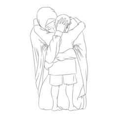 Coloring illustration of muslim woman hugging a child
