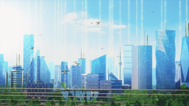Futuristic City Concept. Wide Shot of an Animated Modern Urban Megapolis with Rendered Skyscrapers Showing Global Big Data Connections, Information Flow and Artificial Intelligence Technology.