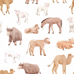 Beautiful vector seamless pattern with cute watercolor hand drawn wild animals. Horse camel cow yak families. Stock illustration.