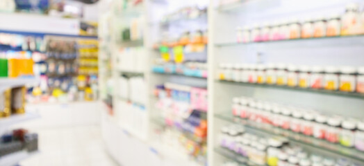 Pharmacy drugstore shelves interior blur medical background - obrazy, fototapety, plakaty