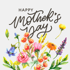 Happy Mothers Day lettering. Handmade calligraphy vector illustration. Mother's day card with flowers
