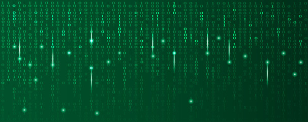 Abstract technology programming binary code vector green background.Digital data and secure concept with number 0 and 1 and glow light.