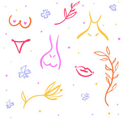 Set of elements. Modern abstraction. Linear style.  Hand drawn. Women Health. Women, girls, femininity. Vector illustration isolated on white background.