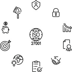 ISO 27001 , International Organization for Standardization. vector icons.