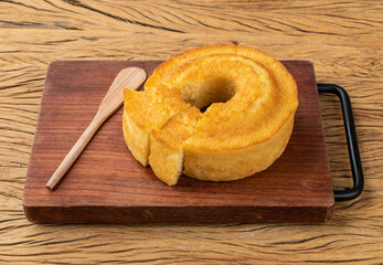 Corn cake, typical brazilian country food and june festival food over wooden table