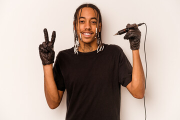 Tattoo artist African American man isolated on white background showing number two with fingers.