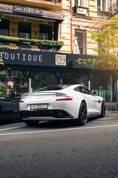 White Aston Martin Vanquish on the street. Kyiv, Ukraine - June 2021.