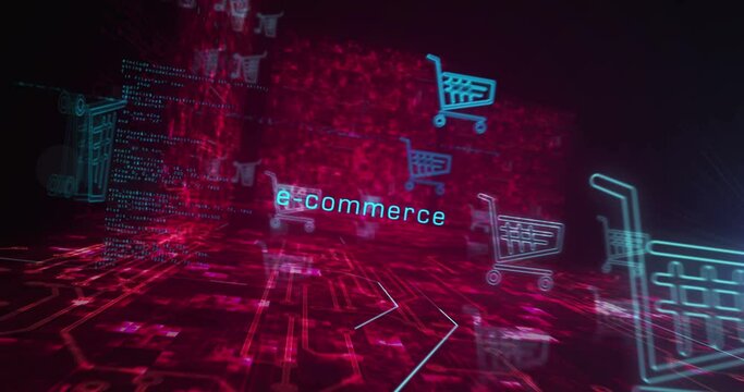 Shopping cart icon online commerce and e-commerce business symbol abstract cyber concept. Digital technology background seamless and loopable dynamic 3d animation.