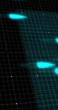 Abstract data visualization in grid with candles chart. Spikes blinking on black grid in fluid black 3D ambient with clouds of dots as dust. HUD hologram display for information as User Interface.