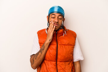 Young African American man isolated on white background having a strong teeth pain, molar ache.