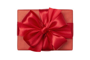 Gift box wrapped in red paper with satin bow isolated on white background