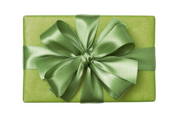 Gift box wrapped in green paper with satin bow isolated on white background
