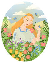 Obraz na płótnie Canvas redhead woman with flowers and butterflies in a beautiful flower meadow in summer