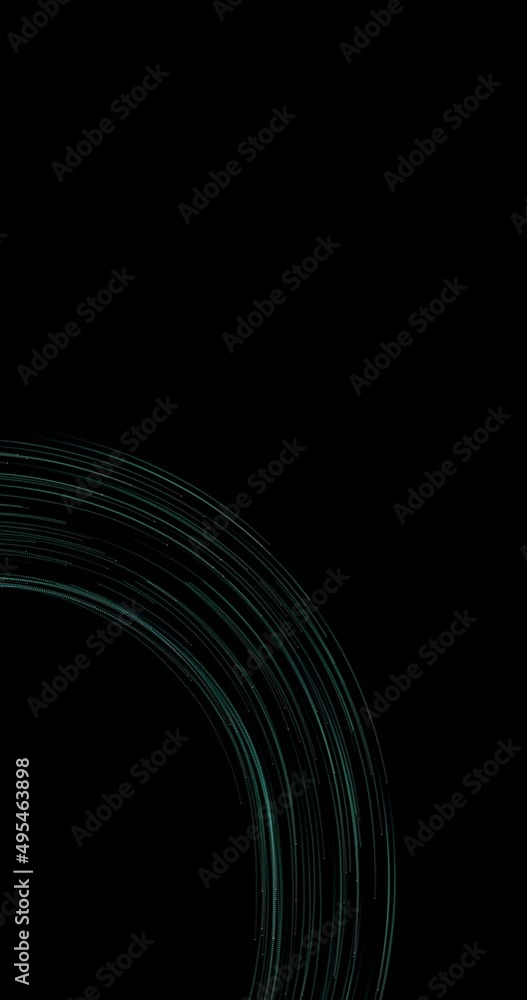 Poster digital data as luminous flux of blue particles in a semicircle, with trail which simulate optical f