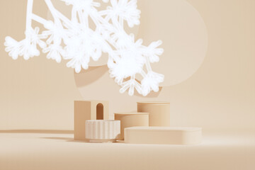 3D podium display, pastel cream and beige background with leaves,  flowers and decorative vases. Minimal pedestal for beauty, product, fashion. Feminine copy space template 3d render
