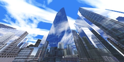 Plakat Skyscrapers, high-rise buildings, skyscrapers sky view, modern buildings against the sky with clouds, 3d rendering