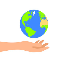 Hand holding planet Earth isolated on white background. Earth day concept 