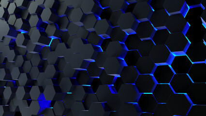 Digital generated technology hexagon background.Glossy textured hexagons with blue back glow.Modern futuristic background 3d illustration. Pattern hexagon background abstract and geometric wallpaper