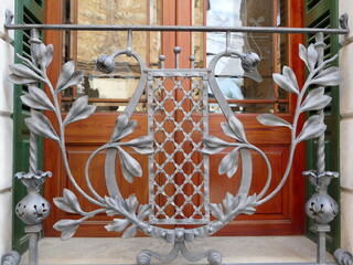 Wrought iron trellis of a balcony in Soller, Mallorca, Balearic Islands, Spain