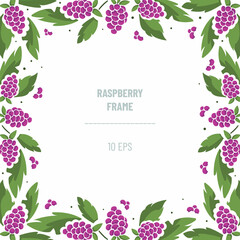 Vector frame with raspberries and foliage; square border composition. Perfect for greeting cards, posters, banners, invitations and other design. - 495466629